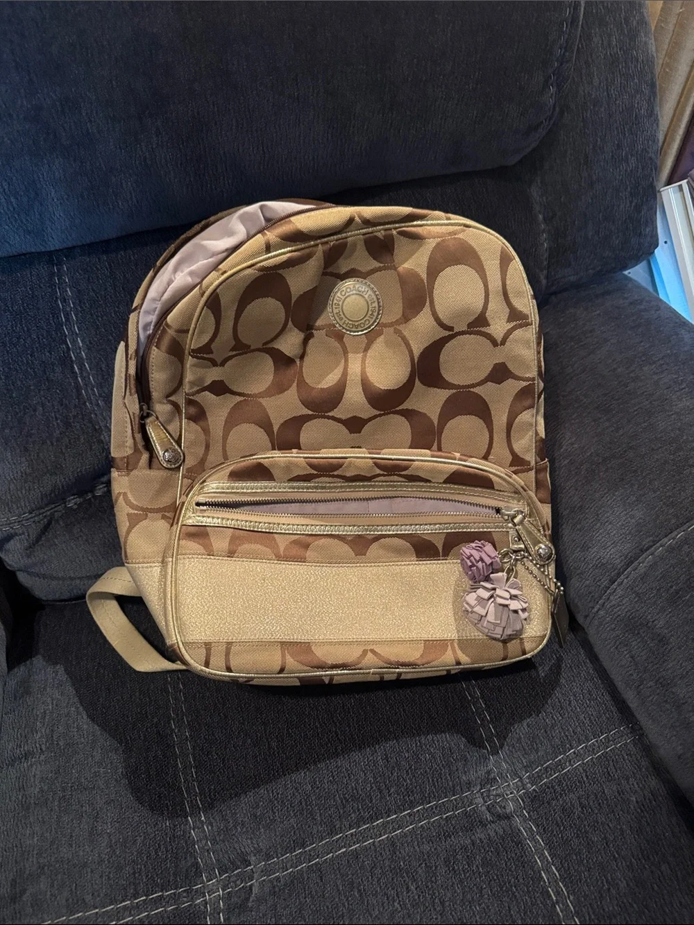 Coach Signature Canvas Mini Backpack in Tan and Brown with Charm
